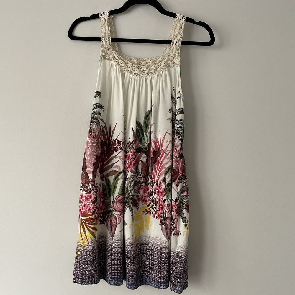 Umgee Crochet Strap Floral Shift Dress Size S Tropical Resortwear Boho Beachy